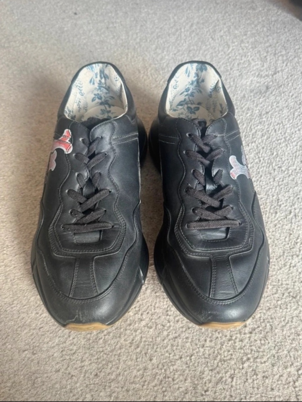 Gucci Black Leather Men's Lace-Up Sneakers with Subtle Red Accent